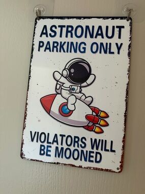Astronaut Parking Only Metal Sign - White, Navy & Red Accent